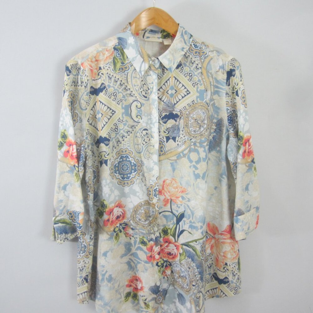 Chicos 2 Womens Large Blue Peach Asian Floral Print Linen Shirt Back Pleat Tunic